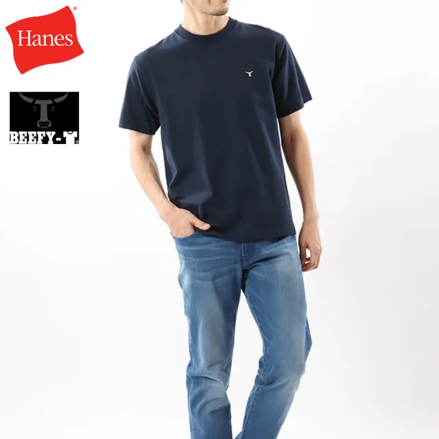 【Hanes】官方直營-BEEFY-T系列 刺繡布章短袖TEE內衣 經典設計款(深藍色)