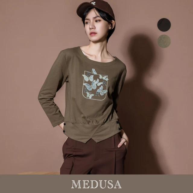 MEDUSA 曼度莎 現貨-蝴蝶印花船領造型T恤 - 2色（M-XL）｜女休閒上衣 女長袖T恤(501-11801)