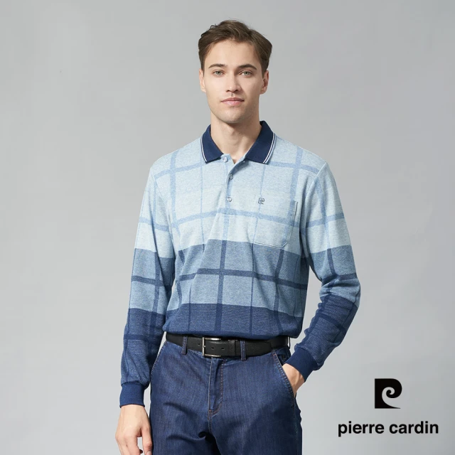 pierre cardin 皮爾卡登 網路獨家 男款 蓄熱刷磨毛大格紋長袖POLO衫-丈青色(7245272-39)