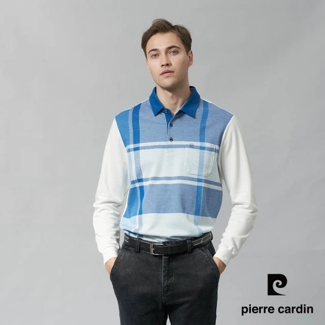 pierre cardin 皮爾卡登 商務休閒 男款 棉質混紡刷磨毛大定位格長袖POLO衫-藍色(5245271-38)