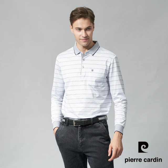 pierre cardin 皮爾卡登 商務休閒 男款 橫條印花長袖POLO衫-灰藍色(5245257-32)