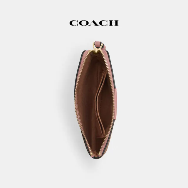 【COACH】經典Logo條紋圖案角拉鍊手腕包-IM/棕黃色/粉花瓣色(CW854)