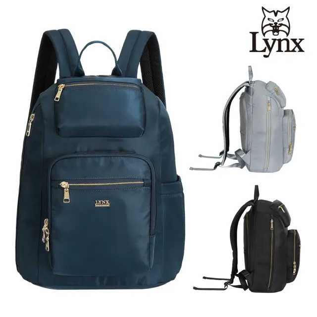 【Lynx】美國山貓嚴選防潑水斜紋尼龍布包大後開式後背包(藍/灰/黑)