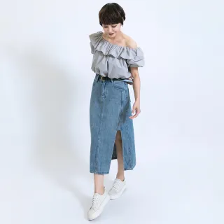 【fancyeva】荷葉邊一字領上衣(灰、B1541C-001)