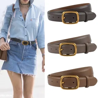 【MoonDy】交換禮物 腰帶 褲帶 牛皮帶 復古皮帶 女生真皮皮帶 金扣腰帶 寬腰帶 方頭腰帶 高級感 老 