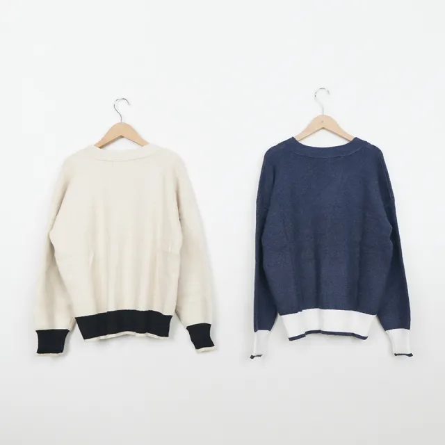 【MASTINA】鈕釦造型領口長袖針織衫(藍 卡/魅力商品)