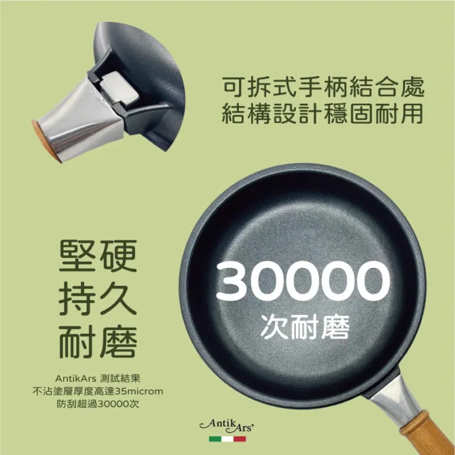 【AntikArs】義式可拆式原木握柄 不沾平底鍋28cm高4.5cm(義大利製 厚底5.5mm 不含鍋蓋 平煎鍋 不沾鍋)
