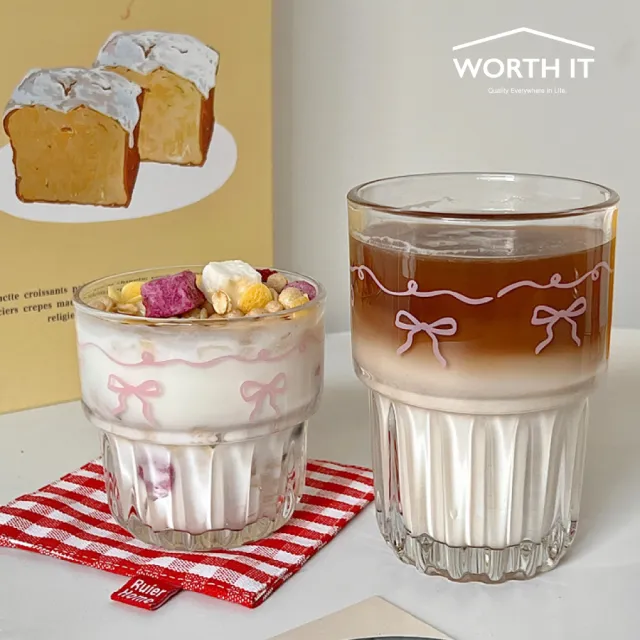 【渥思】韓系蝴蝶結玻璃杯-380ml(咖啡杯.茶杯.水杯.牛奶杯.早餐杯)