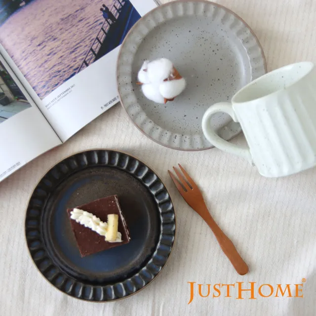 【Just Home】日系直紋粗陶杯盤12件組附收納架(三款可選 下午茶 點心盤 杯 盤)