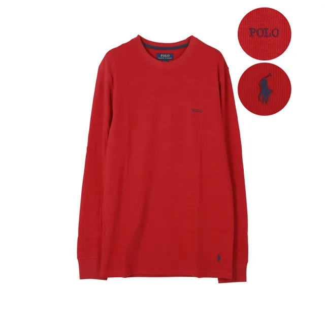 【RALPH LAUREN】RL POLO 經典刺繡文字下擺小馬素面長袖T恤-紅色(平輸品/素T/長T/可男女穿搭)
