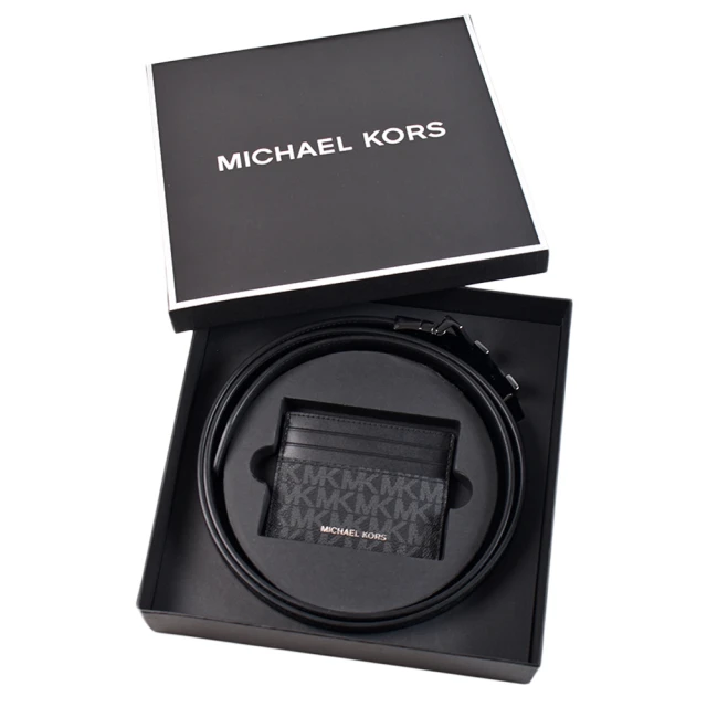 Michael Kors 男款 鐵灰MK緹花LOGO防刮雙面用皮帶/名片夾禮盒-黑色