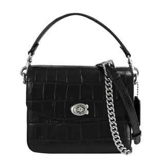 【COACH】Cassie 金屬C字轉釦鱷魚壓紋皮革手提包兩用包(黑)