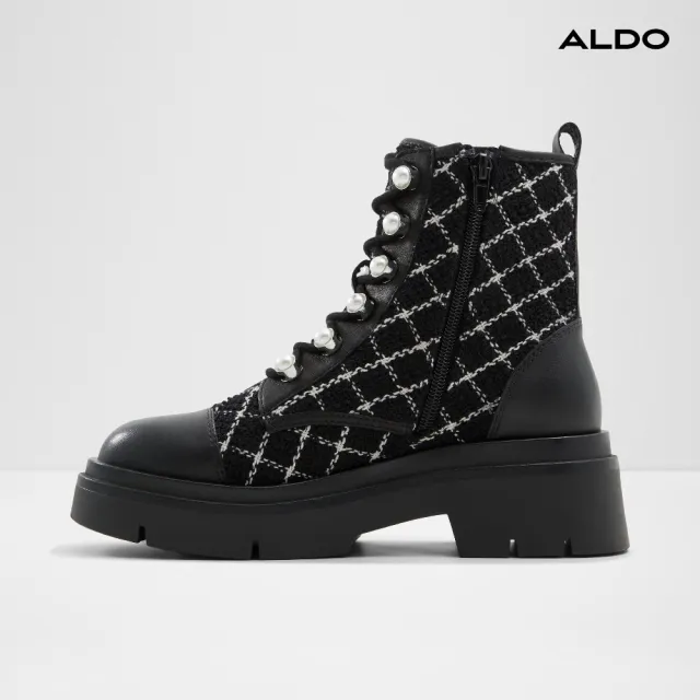 【ALDO】雙11★MARTHIA-菱格紋毛呢拼接綁帶中筒靴-女靴(黑白格紋)