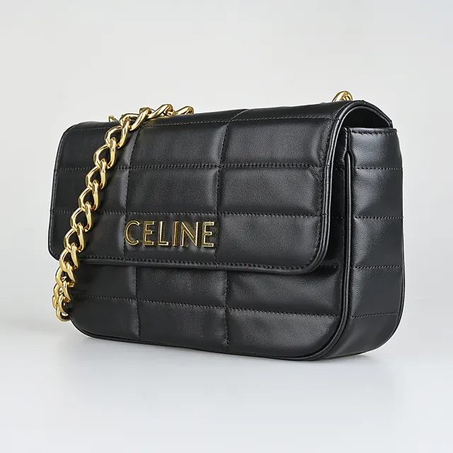 【CELINE】CELINE復古金屬LOGO長格紋絎縫設計小牛皮釦式鍊帶肩背斜背包(黑)