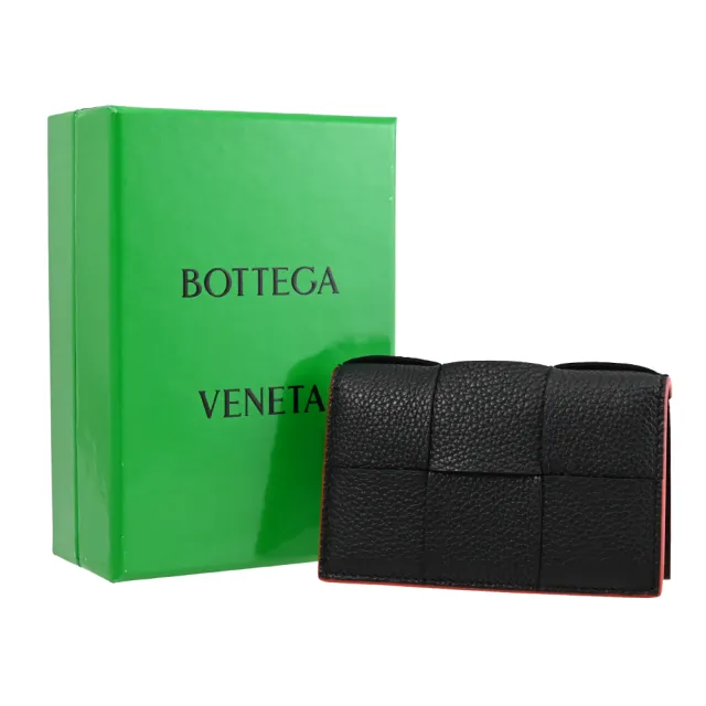 【BOTTEGA VENETA 寶緹嘉】經典大格手工編織小牛皮對折信用卡名片證件卡夾(黑紅)