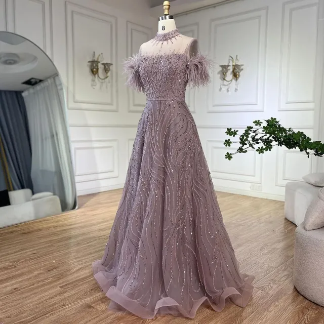 【女神婚紗禮服】優雅羽毛飛飛短袖釘珠立領A字宴會晚禮服LA72351香芋粉(婚禮晚會主持人 拉鍊款晚禮服)