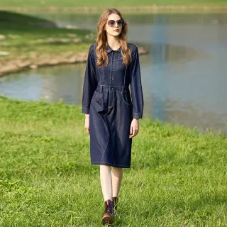 【MYVEGA 麥雪爾】MA翻領車線褲耳牛仔長洋裝-深藍