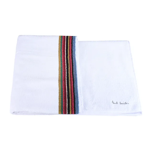 【Paul Smith】PAUL SMITH簡約刺繡字母草寫LOGO英倫風格彩色條紋設計棉質浴巾(白x多色)