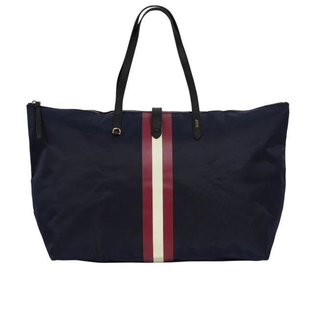 【BALLY】經典紅白條紋可折疊尼龍大款托特包_附收納袋(墨藍色)