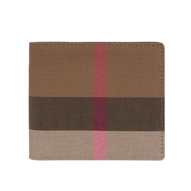 【BURBERRY 巴寶莉】大格紋帆布對開8卡短夾(灰褐色/棕色)