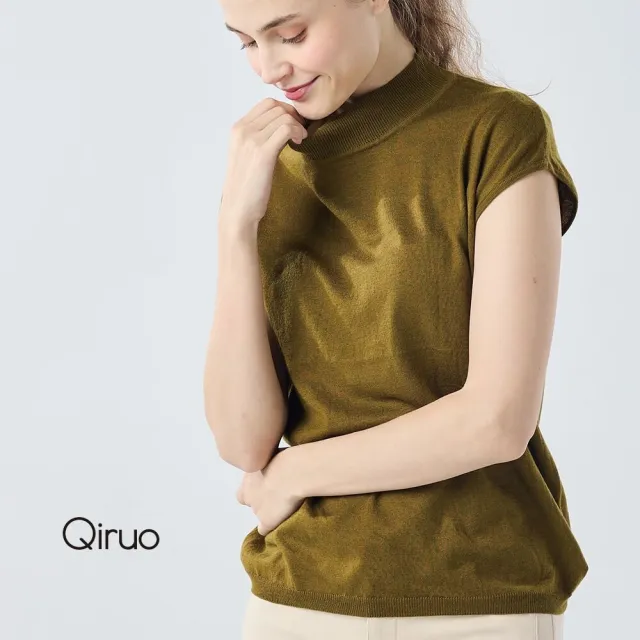 【Qiruo 奇若名品】秋冬專櫃針織短袖上衣0186A-70橄欖綠色小立領百搭