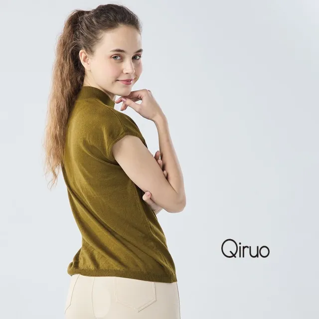 【Qiruo 奇若名品】秋冬專櫃針織短袖上衣0186A-70橄欖綠色小立領百搭