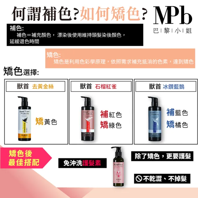 【MPB 巴黎小姐】獸首彩色染補色乳 300ml(15色任選 COSPLAY 護色染髮 補色洗髮精 染後洗髮乳 矯色 泡泡劑)