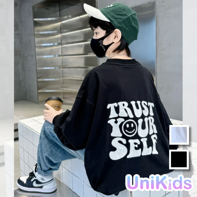 UniKids 中大童裝長袖T恤 字母笑臉 男大童裝女大童裝 CVTGX2418(白 黑)