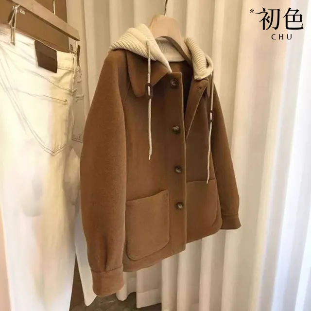 【初色】簡約風純色毛呢針織假兩件連帽長袖外套女外套-共2色-38688(M-4XL可選)
