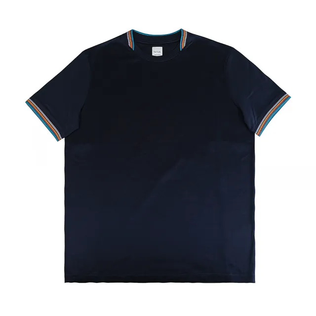 【Paul Smith】PAUL SMITH簡約後領布標草寫LOGO袖口多色橫條紋設計純棉短袖T恤(男款/深藍)