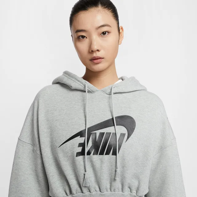 【NIKE 耐吉】長袖上衣 女款 帽T 運動 短版 毛圈布 AS W NSW OS FLC CROP PO HDY DA 灰 FV7778-063(3S4031)
