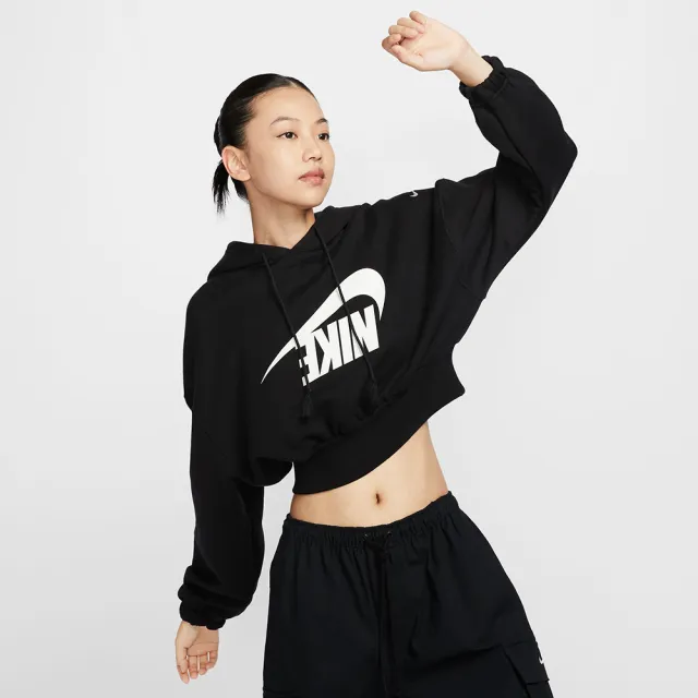 【NIKE 耐吉】長袖上衣 女款 帽T 運動 毛圈布 AS W NSW OS FLC CROP PO HDY DA 黑 FV7778-010(3S4030)