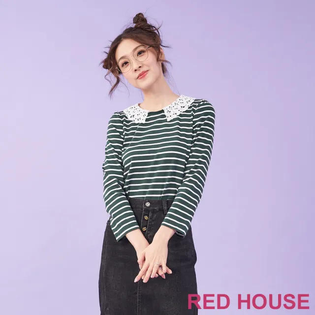 【RED HOUSE 蕾赫斯】俏麗蕾絲領條紋上衣(綠色)