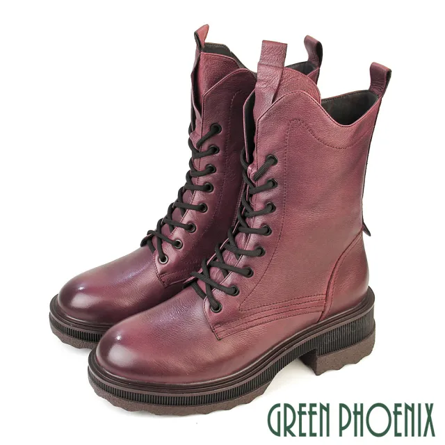 【GREEN PHOENIX 波兒德】女 馬丁靴 短靴 綁帶靴 軍靴 機車靴 厚底 牛皮 全真皮(酒紅、黑色)