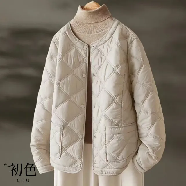 【初色】圓領單排扣輕暖菱格壓紋長袖科技保暖纖維棉外套女外套-灰色-38656(M-2XL可選)