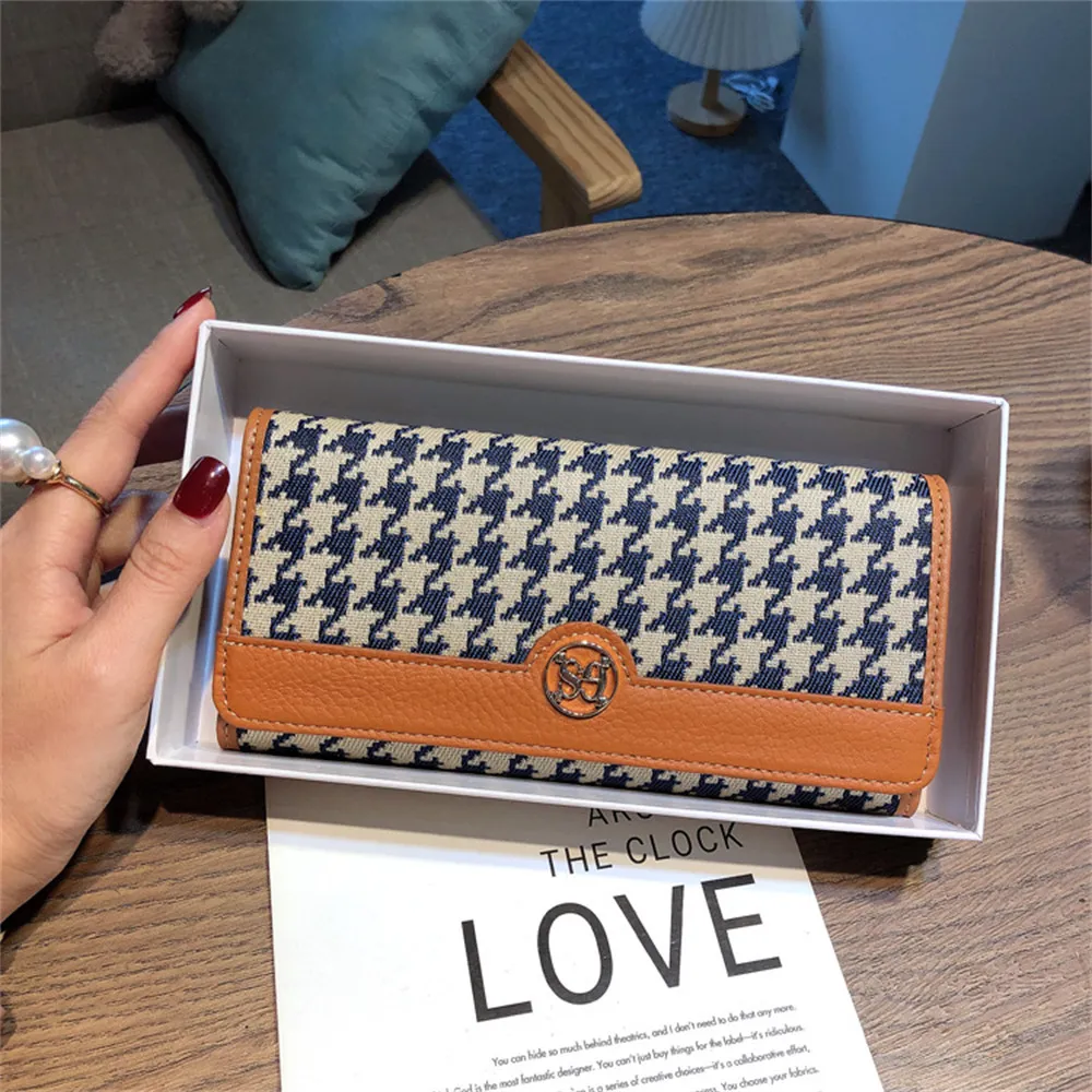 【MoonDy】皮夾 長夾 長夾 千鳥紋包包 帆布長夾 長款錢包 女皮夾 牛皮夾 禮物 精