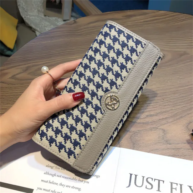 【MoonDy】皮夾 長夾 長夾 千鳥紋包包 帆布長夾 長款錢包 女皮夾 牛皮夾 禮物 精