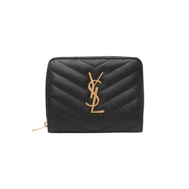 YSL 668288 黑 金字 V紋荔枝牛皮(拉鍊零錢短夾)