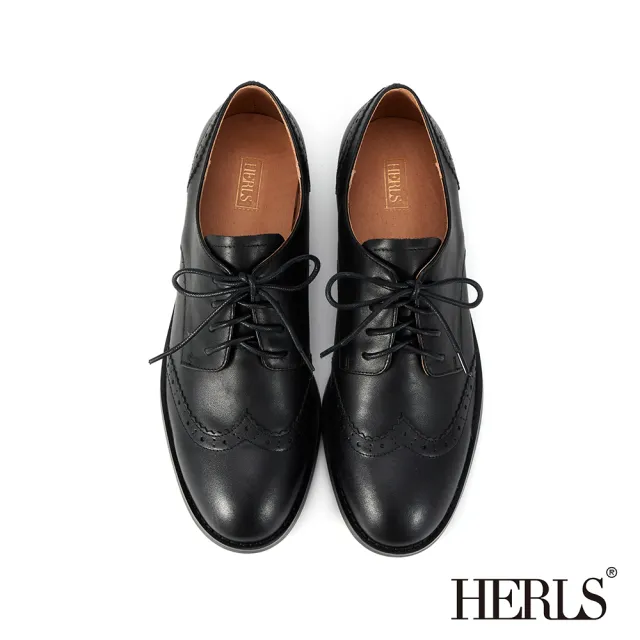 【HERLS】牛津鞋-全真皮圓頭翼紋沖孔低跟德比鞋(黑色)