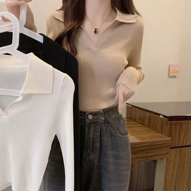 【D.studio】韓版氣質翻領顯瘦短版上衣(短版針織上衣毛衣長袖上衣女裝衣服長袖t恤保暖上衣冬裝 W288)
