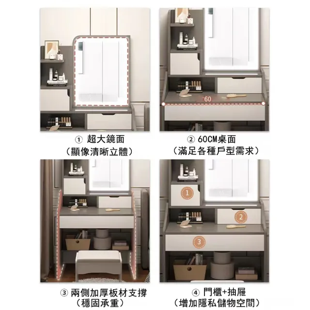 【E家工廠】北歐化妝桌  帶燈 大容量 化妝台 梳妝桌 梳妝台 鏡台 收納化妝台(110-HY梳妝台60公分)