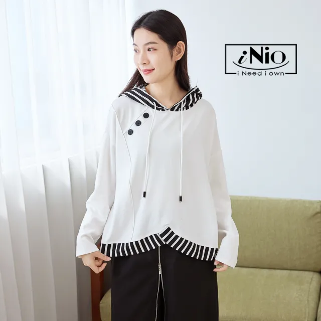 【iNio 衣著美學】長袖上衣 秋冬新品 現貨 條紋拼接 抽繩 長袖帽T(CDW1715)