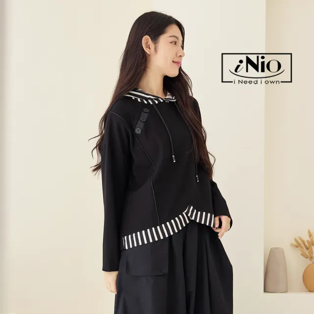 【iNio 衣著美學】長袖上衣 秋冬新品 現貨 條紋拼接 抽繩 長袖帽T(CDW1715)