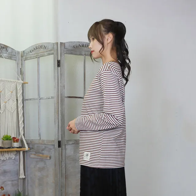 【Hana Mokuba】花木馬日系女裝簡約百搭圓領條紋長袖T恤(T恤)