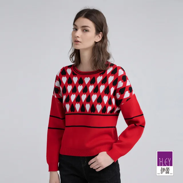 【ILEY 伊蕾】戀愛系雙色愛心羊毛針織上衣(紅；M-XL；1244465502)