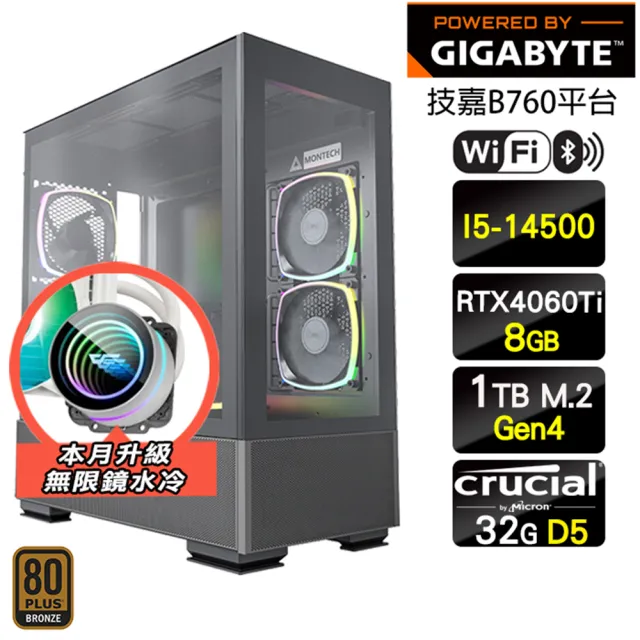 【技嘉平台】i5十四核GeForce RTX 4060Ti{水冷戰隊}WIFI電競水冷電腦(i5-14500/B760/32G D5/1TB)