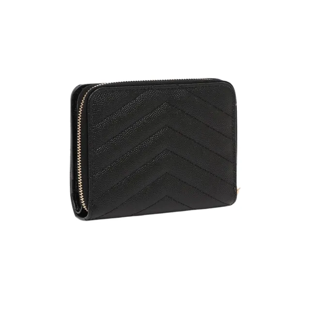 【YSL】668288 黑 金字 V紋荔枝牛皮(拉鍊零錢短夾)