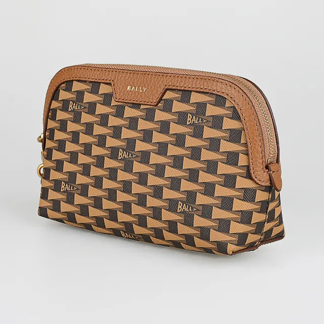 【BALLY】BALLY Pennan金字LOGOt三角旗印花塗層皮革皮革邊飾手拿包(棕x褐)