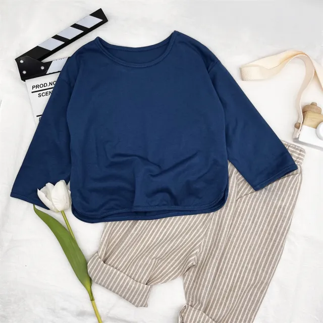 【安朵童舖】現貨韓版兒童薄款寬鬆七分袖上衣女童素色七分袖T恤男童內搭長袖上衣童裝(24/032)