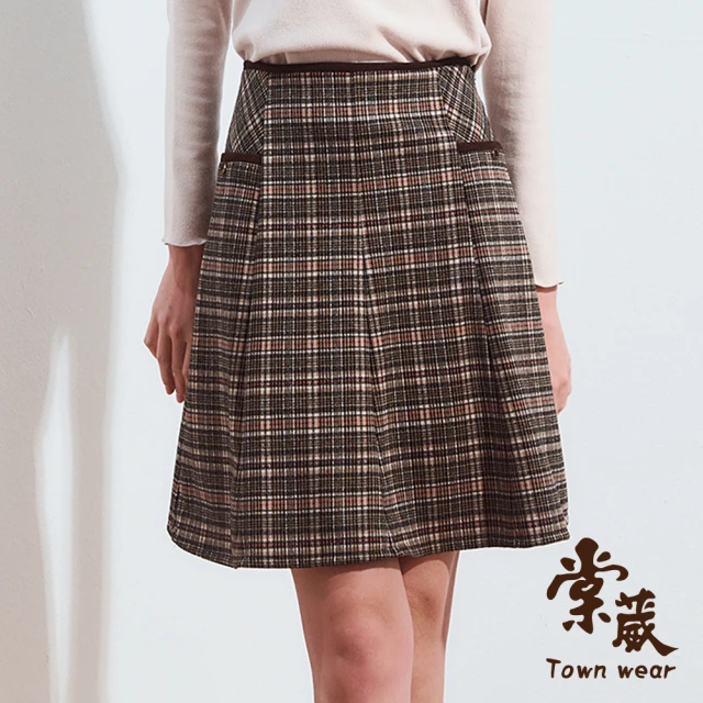 TOWN’WEAR 棠葳 復古格紋磨毛短裙(中大尺碼/女下身/女下著/口袋/鑽飾/實腰/拉鍊/滿版)